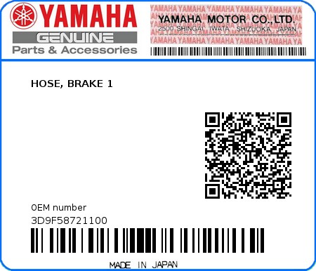 Product image: Yamaha - 3D9F58721100 - HOSE, BRAKE 1  0