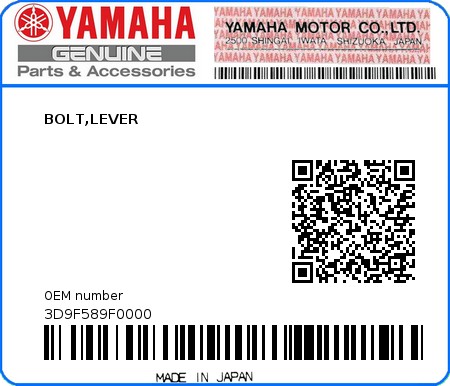 Product image: Yamaha - 3D9F589F0000 - BOLT,LEVER  0