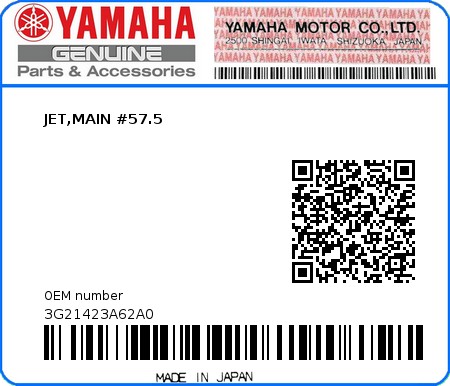 Product image: Yamaha - 3G21423A62A0 - JET,MAIN #57.5  0