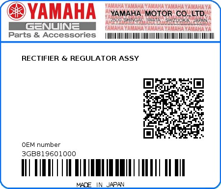 Product image: Yamaha - 3GB819601000 - RECTIFIER & REGULATOR ASSY  0