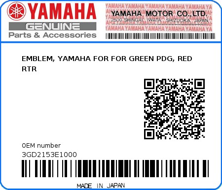 Product image: Yamaha - 3GD2153E1000 - EMBLEM, YAMAHA FOR FOR GREEN PDG, RED RTR  0