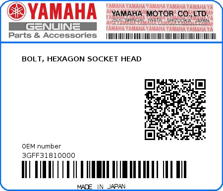 Product image: Yamaha - 3GFF31810000 - BOLT, HEXAGON SOCKET HEAD  0