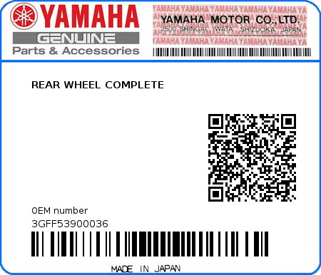 Product image: Yamaha - 3GFF53900036 - REAR WHEEL COMPLETE  0