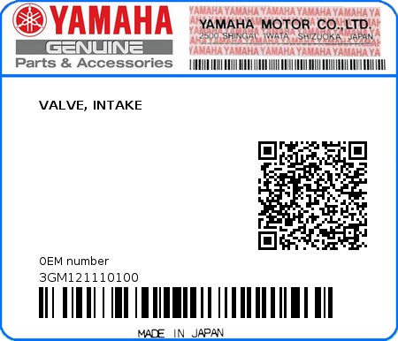 Product image: Yamaha - 3GM121110100 - VALVE, INTAKE  0