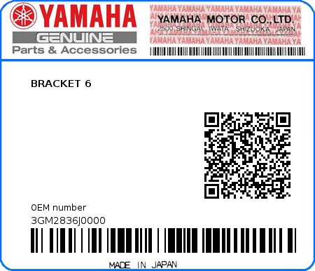 Product image: Yamaha - 3GM2836J0000 - BRACKET 6  0