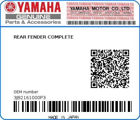 Product image: Yamaha - 3JB2161000P3 - REAR FENDER COMPLETE  0