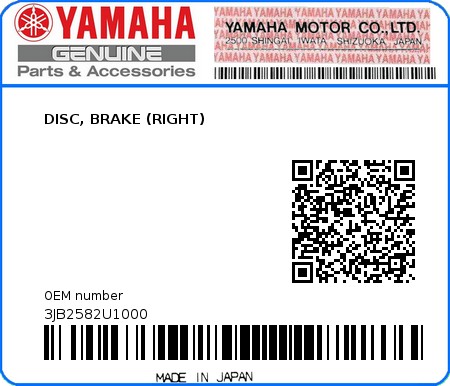 Product image: Yamaha - 3JB2582U1000 - DISC, BRAKE (RIGHT)  0