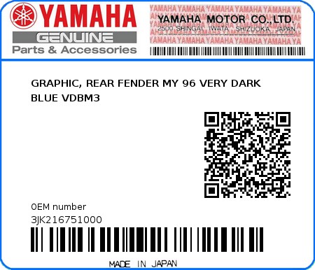 Product image: Yamaha - 3JK216751000 - GRAPHIC, REAR FENDER MY 96 VERY DARK BLUE VDBM3   0