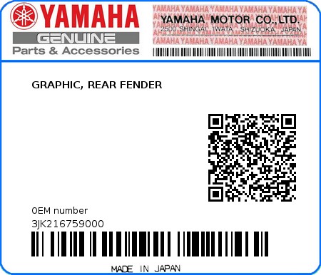Product image: Yamaha - 3JK216759000 - GRAPHIC, REAR FENDER  0