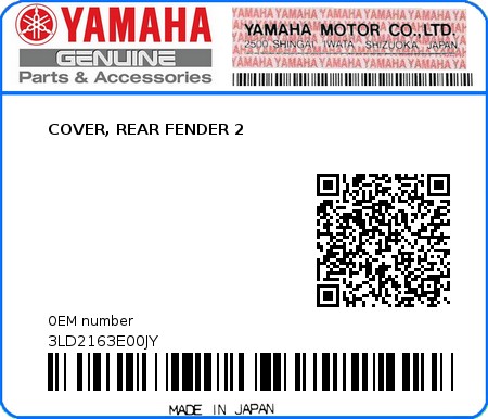 Product image: Yamaha - 3LD2163E00JY - COVER, REAR FENDER 2  0