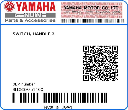 Product image: Yamaha - 3LD839751100 - SWITCH, HANDLE 2  0