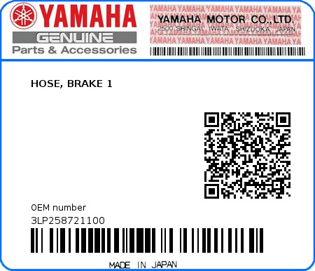 Product image: Yamaha - 3LP258721100 - HOSE, BRAKE 1  0