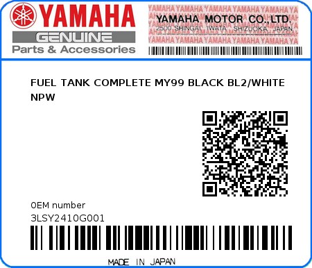 Product image: Yamaha - 3LSY2410G001 - FUEL TANK COMPLETE MY99 BLACK BL2/WHITE NPW  0