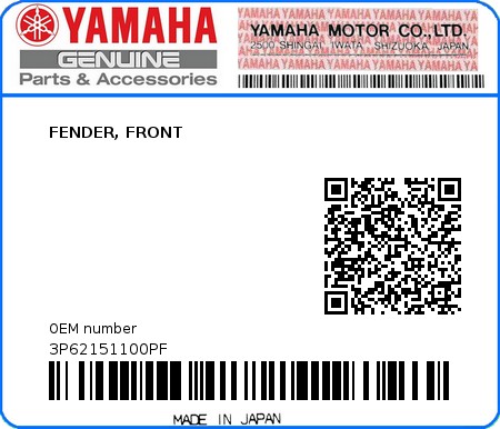Product image: Yamaha - 3P62151100PF - FENDER, FRONT  0