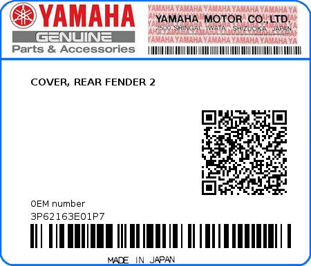 Product image: Yamaha - 3P62163E01P7 - COVER, REAR FENDER 2  0