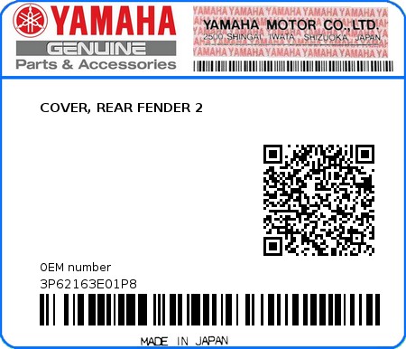 Product image: Yamaha - 3P62163E01P8 - COVER, REAR FENDER 2  0