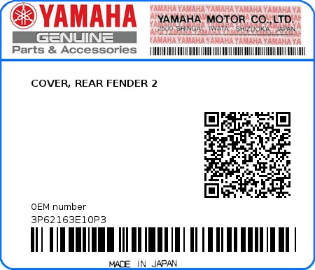 Product image: Yamaha - 3P62163E10P3 - COVER, REAR FENDER 2  0