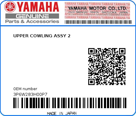 Product image: Yamaha - 3P6W283H00P7 - UPPER COWLING ASSY 2  0