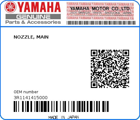 Product image: Yamaha - 3R1141415000 - NOZZLE, MAIN  0