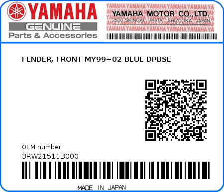 Product image: Yamaha - 3RW21511B000 - FENDER, FRONT MY99~02 BLUE DPBSE  0