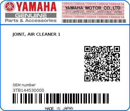 Product image: Yamaha - 3TB144530000 - JOINT, AIR CLEANER 1  0