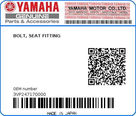 Product image: Yamaha - 3VP247170000 - BOLT, SEAT FITTING  0