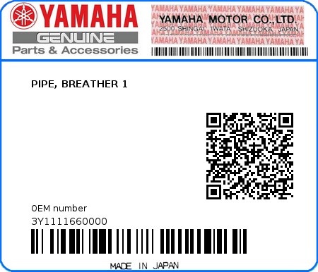 Product image: Yamaha - 3Y1111660000 - PIPE, BREATHER 1  0