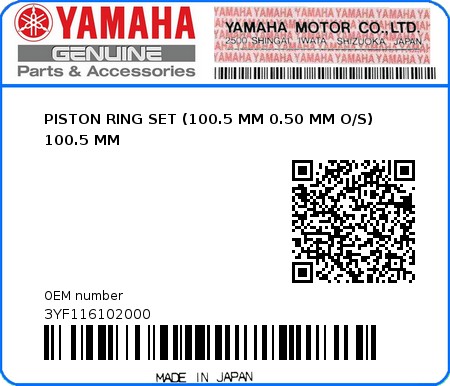 Product image: Yamaha - 3YF116102000 - PISTON RING SET (100.5 MM 0.50 MM O/S) 100.5 MM  0