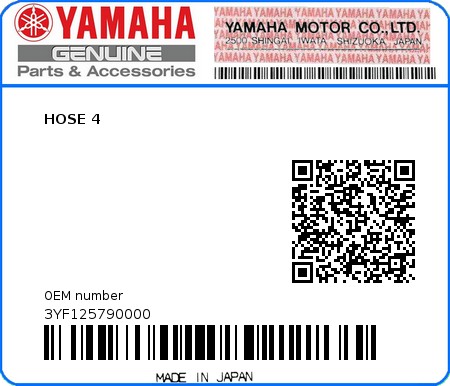 Product image: Yamaha - 3YF125790000 - HOSE 4   0