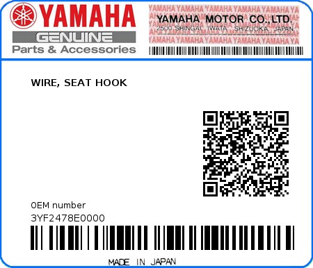Product image: Yamaha - 3YF2478E0000 - WIRE, SEAT HOOK  0