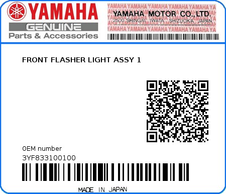 Product image: Yamaha - 3YF833100100 - FRONT FLASHER LIGHT ASSY 1  0