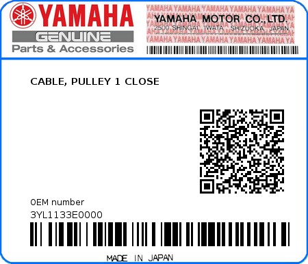 Product image: Yamaha - 3YL1133E0000 - CABLE, PULLEY 1 CLOSE  0