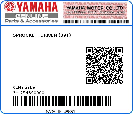 Product image: Yamaha - 3YL254390000 - SPROCKET, DRIVEN (39T)  0