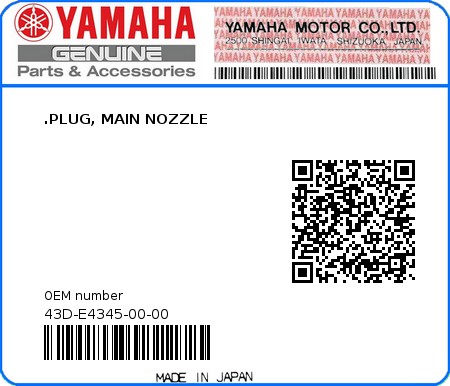 Product image: Yamaha - 43D-E4345-00-00 - .PLUG, MAIN NOZZLE  0