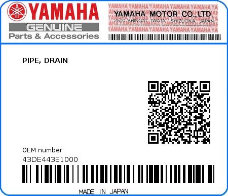Product image: Yamaha - 43DE443E1000 - PIPE, DRAIN  0