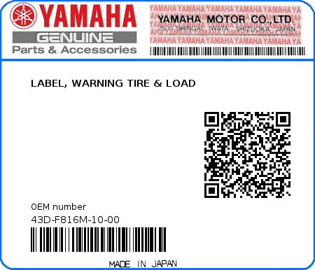 Product image: Yamaha - 43D-F816M-10-00 - LABEL, WARNING TIRE & LOAD  0