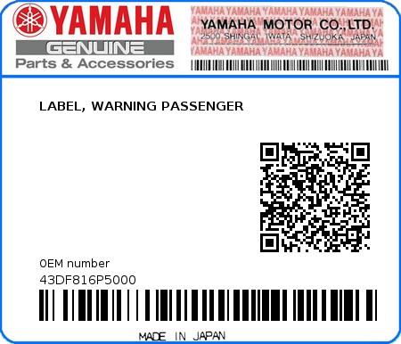 Product image: Yamaha - 43DF816P5000 - LABEL, WARNING PASSENGER  0