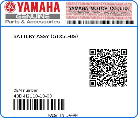 Product image: Yamaha - 43D-H2110-10-00 - BATTERY ASSY (GTX5L-BS)  0