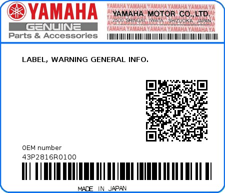 Product image: Yamaha - 43P2816R0100 - LABEL, WARNING GENERAL INFO.  0