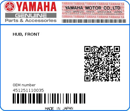 Product image: Yamaha - 451251110035 - HUB, FRONT  0