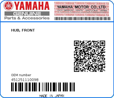 Product image: Yamaha - 451251110098 - HUB, FRONT  0