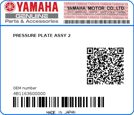 Product image: Yamaha - 4B1163600000 - PRESSURE PLATE ASSY 2  0