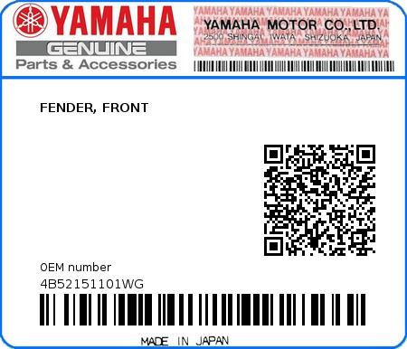 Product image: Yamaha - 4B52151101WG - FENDER, FRONT  0