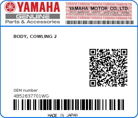 Product image: Yamaha - 4B52837701WG - BODY, COWLING 2  0