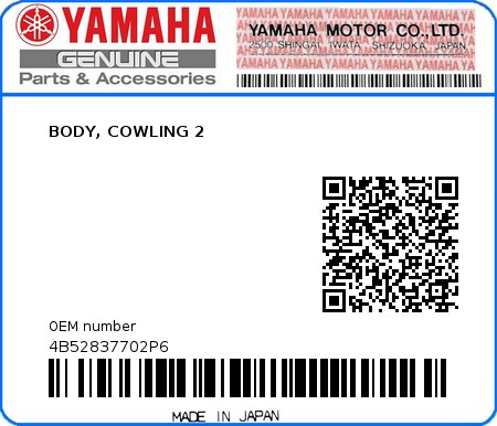 Product image: Yamaha - 4B52837702P6 - BODY, COWLING 2  0