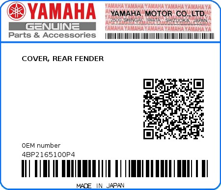 Product image: Yamaha - 4BP2165100P4 - COVER, REAR FENDER  0