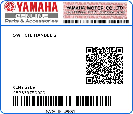 Product image: Yamaha - 4BP839750000 - SWITCH, HANDLE 2  0