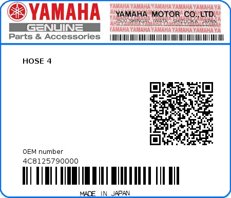 Product image: Yamaha - 4C8125790000 - HOSE 4  0