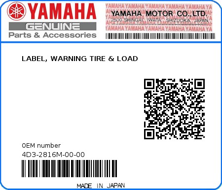 Product image: Yamaha - 4D3-2816M-00-00 - LABEL, WARNING TIRE & LOAD  0