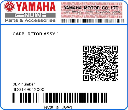 Product image: Yamaha - 4DG149012000 - CARBURETOR ASSY 1  0